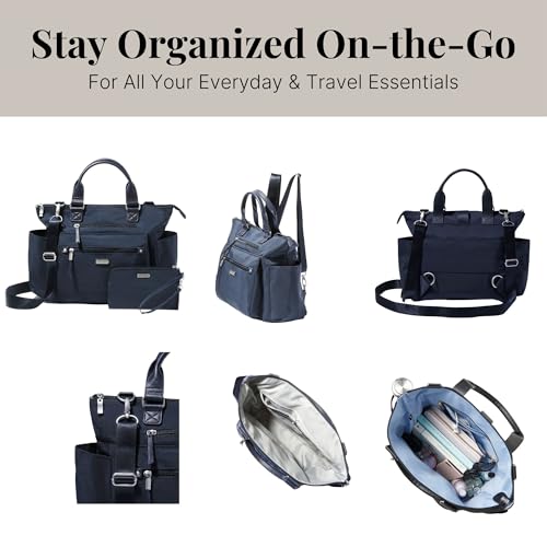 Baggallini 3-in-1 Convertible Backpack Tote Handbag - 15x12" Lightweight Travel Bag w/ RFID Phone Wristlet - color: French Navy