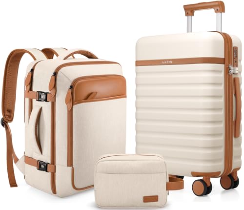 UKEIN Luggage Sets 3Piece, Carry On Luggage 20in Suitcase Set With Backpack - color: Beige, size: 3 piece set (20inch)