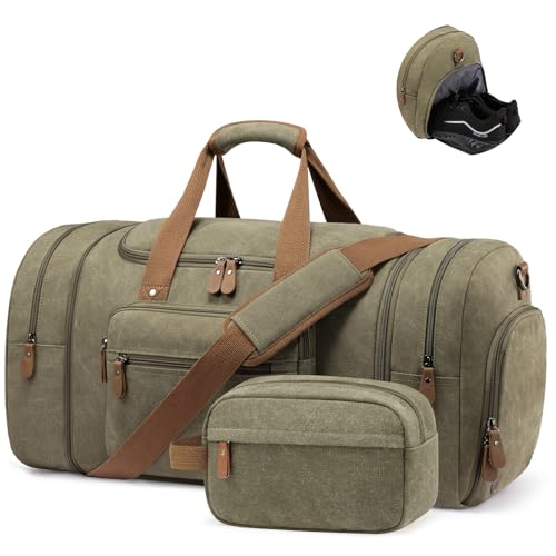 Sucipi Canvas Duffel Bag for Men, Expandable Weekend Overnight travel bags - color: Green-1