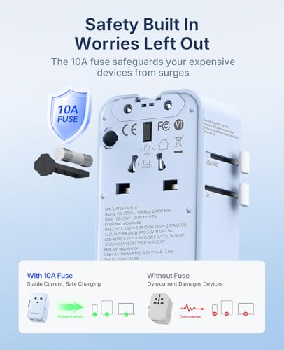 ORICO Ultra-Thin GaN Travel Adapter 25W, International Plug Adapter | 5-in-1 (1 AC Outlet 2 USB-C and 2 USB-A Ports) Universal Power Adapter for US EU UK AU 200+ Countries (2500W Max) - 1 Pack - color: Blue