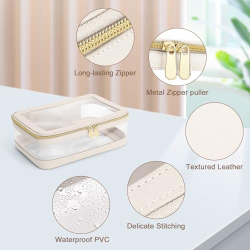 Soimeat Travel Clear Makeup Bag with Makeup Brush Bag, Leather Makeup Case Toiletry Bag, Portable Cosmetic Bag Case, Transparent Waterproof Cosmetic Organizer Storage Bag for Women, Medium, Off-White - size: M