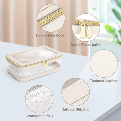 Soimeat Travel Clear Makeup Bag with Makeup Brush Bag, Leather Makeup Case Toiletry Bag, Portable Cosmetic Bag Case, Transparent Waterproof Cosmetic Organizer Storage Bag for Women, Medium, Off-White - size: M