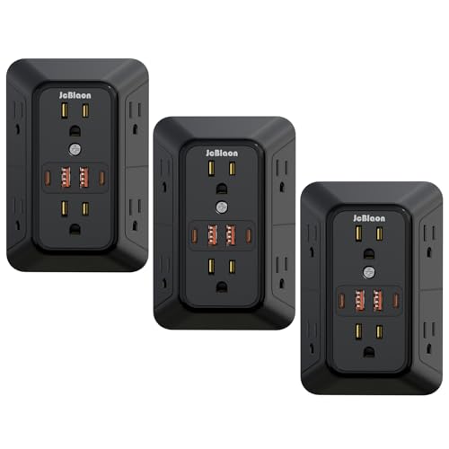 JcBlaon 3 Pack Outlet Extender Surge Protector, 6 Outlet Splitter with 4 USB Ports (2 USB C),1050J 3-Sided Multi Plug Wall Outlet, USB Wall Charger for Home Office Kitchen Travel（Black）-ETL - color: Black 3 Pack