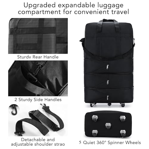 42 Inch Expandable Suitcase with Wheels, Waterproof Large Duffel Bag with 5 Silent Wheels & TSA Lock, Lightweight Collapsible Rolling Travel Bag with 2 Packing Straps, Wheeled Luggage for Air Travel - size: L - 5-Wheels with Lock & Starps