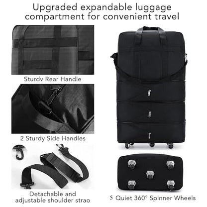 42 Inch Expandable Suitcase with Wheels, Waterproof Large Duffel Bag with 5 Silent Wheels & TSA Lock, Lightweight Collapsible Rolling Travel Bag with 2 Packing Straps, Wheeled Luggage for Air Travel - size: L - 5-Wheels with Lock & Starps