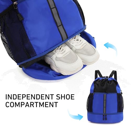 Valleycomfy Drawstring Gym Bag Sports Backpack With Shoe Compartment Blue - color: Royal Blue