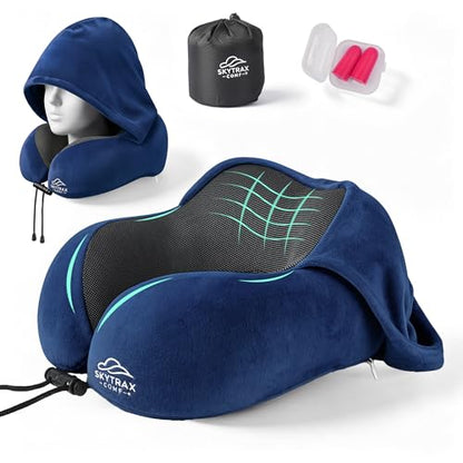 SkytraxComf® Travel Neck Pillow with Hood for Privacy on Long Flights - color: Navy Blue