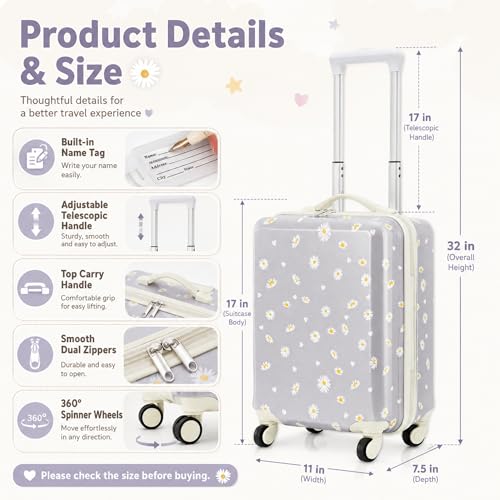 Redbaker 6 Pcs Kids Luggage Set for Girls Grey 17 Inch Daisy - color: Grey, size: 17 Inch