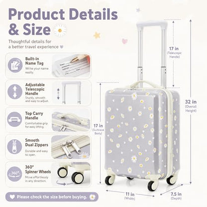 Redbaker 6 Pcs Kids Luggage Set for Girls Grey 17 Inch Daisy - color: Grey, size: 17 Inch