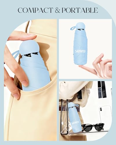 Seniny Mini Travel Umbrella with Case, Compact Pocket Size UV Sun & Rain - color: Sky Blue