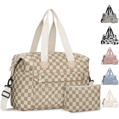 Pritent Travel Duffle Bag, Weekender Overnight Personal Item Carry On Bag - color: Khaki Square Grid, size: Medium