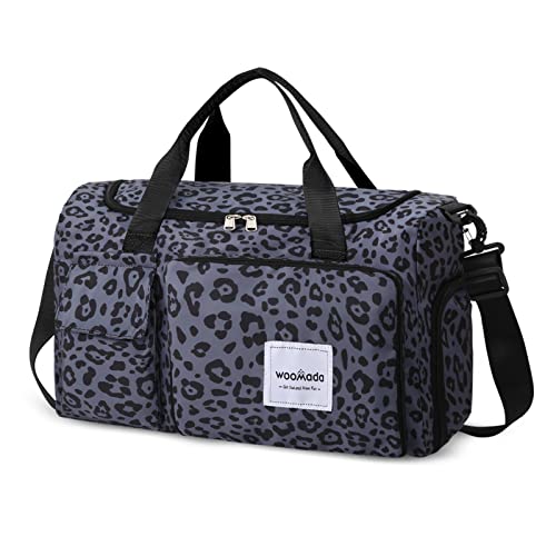 WOOMADA Foldable Travel Duffel Bag with Shoes Compartment, Overnight Bag with Wet Pocket & Trolley Sleeve, Weekender Bags for Women(B-black leopard) - color: black leopard