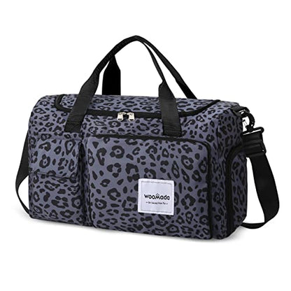 WOOMADA Foldable Travel Duffel Bag with Shoes Compartment, Overnight Bag with Wet Pocket & Trolley Sleeve, Weekender Bags for Women(B-black leopard) - color: black leopard