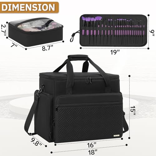 Extra Large Makeup Bag with 3 Removable Pouches and 1 Brush Holder - color: Black