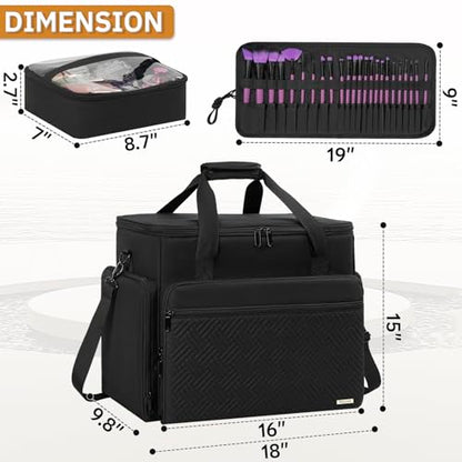 Extra Large Makeup Bag with 3 Removable Pouches and 1 Brush Holder - color: Black
