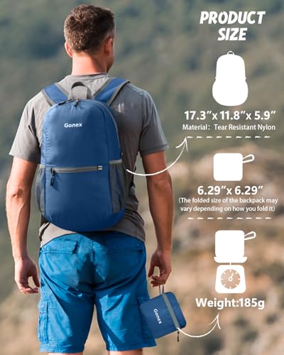 Gonex Packable Daypack Backpack 20L Lightweight Foldable Travel Bag - color: Dark Blue