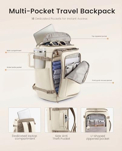 LOVEVOOK Travel Backpack for Women Men, 40L Carry On Travel Backpack - color: Cream‑khaki, size: 40L-4Pcs