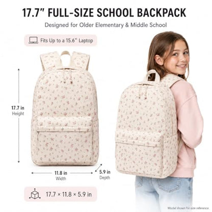 CAMTOP Girls Backpack with Lunch Box Set, Cute Bow School Backpack for Kids, 3-in-1 Lightweight Lunch Bag and Pencil Pouch - color: Flower-beige