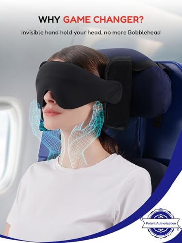 Travel Pillow for Airplanes Head Strap Support, 3D Eye Mask | 360 Airline Sleep Support Headrest Pillow No Bobbing Head Sleeping Aid Travel Essentials Long Flights/Car/Trip Faded Blue - color: Faded Blue