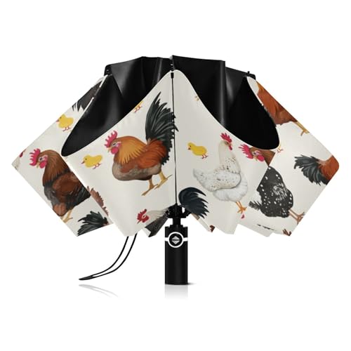 JIPONI Windproof Travel Umbrellas 01 - Large Compact Umbrella for Rain & Sun, Automatic Anti-UV Protection and Light Folding for Backpack & Car - color: Chicken
