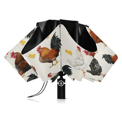 JIPONI Windproof Travel Umbrellas 01 - Large Compact Umbrella for Rain & Sun, Automatic Anti-UV Protection and Light Folding for Backpack & Car - color: Chicken