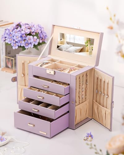 Homde Large Jewelry Box for Women: 5-Layer Organizer with Lock for Dresser - color: Grey Purple + Gold