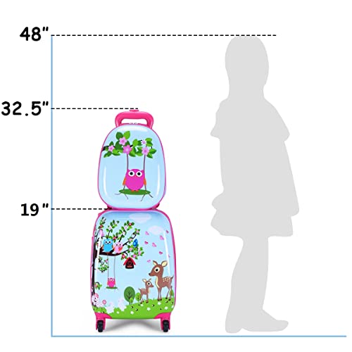 GYMAX Kids Carry On Luggage Set, 12" & 16" 2PCS Rolling Suitcase - color: Deer