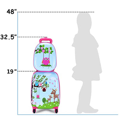 GYMAX Kids Carry On Luggage Set, 12" & 16" 2PCS Rolling Suitcase - color: Deer
