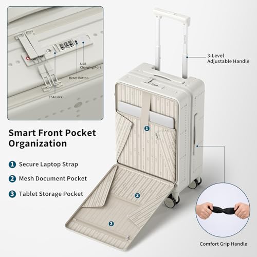 Santino Carry On Luggage 22x14x9 Airline Approved 20 Inch baggage pc Hard Shell Suitcase with Spinner Wheels TSA Lock with USB Port and Cup Holder and phone holder Top Opening Suitcase - color: beige