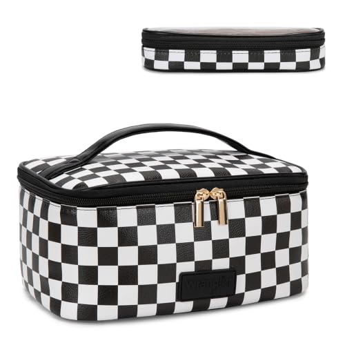 Wrangler Travel Makeup Bag 2pcs Set Cosmetic Bag with Makeup Brush Holder - color: Checkered-Black
