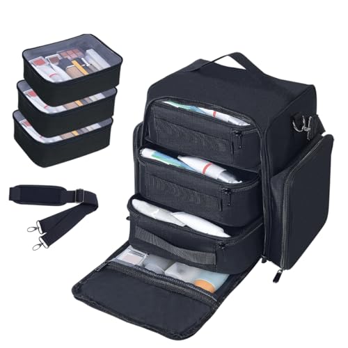 Large Makeup Bag Organizer with 3 Inner Removable Pouches,Black - color: Black