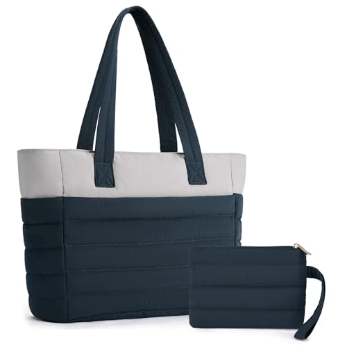Axcone Puffer Tote Bag for Women Lightweight Quilted Work with Multi-Pockets, Laptop Compartment and Makeup Pouch Gift - color: Blue
