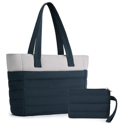 Axcone Puffer Tote Bag for Women Lightweight Quilted Work with Multi-Pockets, Laptop Compartment and Makeup Pouch Gift - color: Blue