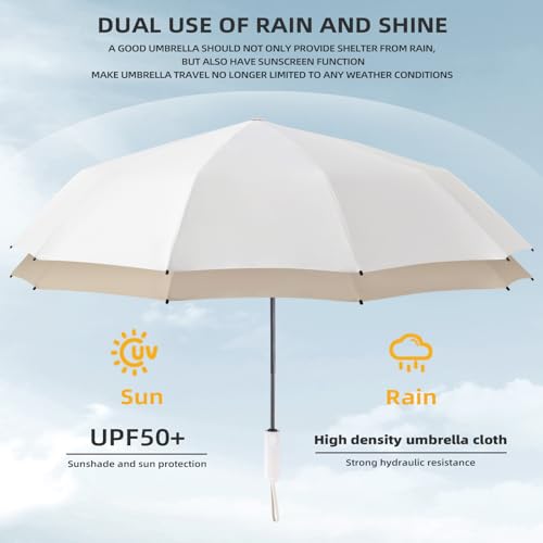 Folding Umbrella Anti-UV Compact Durable Folding Umbrella Auto Open Close Windproof Travel Umbrella Premium Grip Fits Backpack - color: Moonlight White