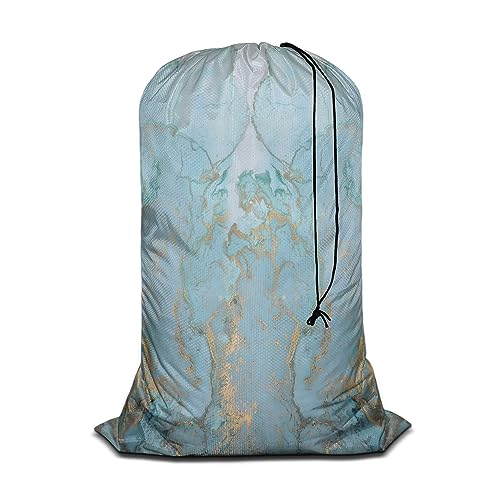 Swono Marble Stone Laundry Bag with Drawstring Closure, Foldable, Compact, Lightweight, 28" X 40" Blue Golden Liquid Lines Packable Dirty Clothes Pouch for College Dorm, Camp, Road Trip, Cruise or Gym - color: Marble Stone