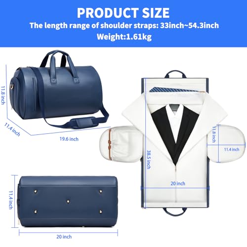 Leather Garment Bag，Convertible Garment Duffel Bag for Travel Mens Suit Bag 2 in 1 Waterproof Foldable Carry on Garment bag with Shoulder Strap Weekender Bag with Shoe Pouch - color: A-Blue