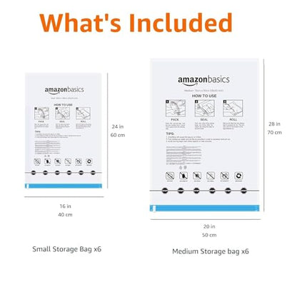 Amazon Basics 롤업 여행용 압축 보관 가방, 의류 및 타월용, 진공 필요 없음, 투명, 12팩 (소형 6개 및 미디엄 6개) - size: Multiple