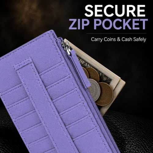 Leatherboss Genuine Leather Women's All in One Credit Business Card Case Holder Slim Zipper Wallet With a Card Protection Strap, Purple - color: Purple