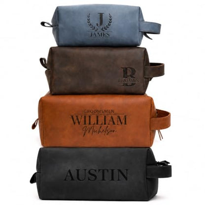 Personalized Handmade Genuine Leather Toiletry Bag | Custom Engraved Shaving Dopp Kit with Name, Initial | Travel Pouch for Men, Him, Husband, Dad, Boyfriend | Gift Idea for Groomsmen