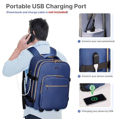 DEVPNR Rolling Backpack for Women, Travel Backpack with Wheels - color: Dark Blue
