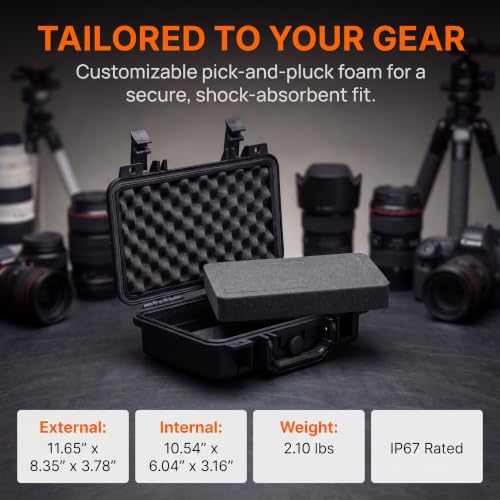 MEIJIA Portable All Weather Waterproof Protective Hard Case, Small Camera Case,Dry Case with Customizable Foam,Fit Use of Drones, Camera,Equipments, 11.65 ”x8.35”x3.78” - color: Elegant Black