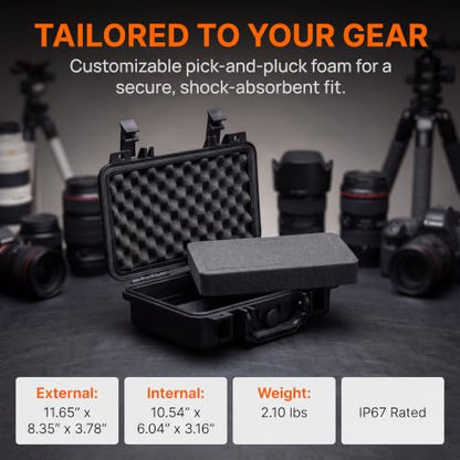 MEIJIA Portable All Weather Waterproof Protective Hard Case, Small Camera Case,Dry Case with Customizable Foam,Fit Use of Drones, Camera,Equipments, 11.65 ”x8.35”x3.78” - color: Elegant Black