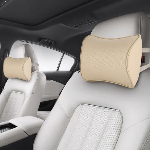 Aukee Car Neck Pillow Soft Memory Foam Leather Headrest for Driving Home Office Beige (Pack of 2) - color: Beige, size: Pack of 2