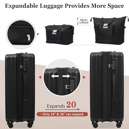 Merax 5 Piece Luggage Set,Half Opening Hardside Suitcase Set.Black | Carry on suitcase,lightweight expandable luggage set with double spinner wheels and TSA lock for convenient travel.20/24/28 - color: Black-1, size: 5 Piece(20/24/28/DB/TB)