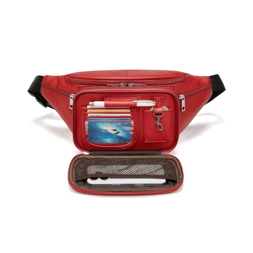 Genuine Leather Large 7 Pocket Waist Pack with Organizer, Card Slots (Red) - color: Red