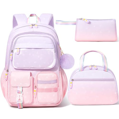 Fimibuke Backpacks for Girls, 3 PCS Gradient Kids Bookbag Set for School - color: purple pink
