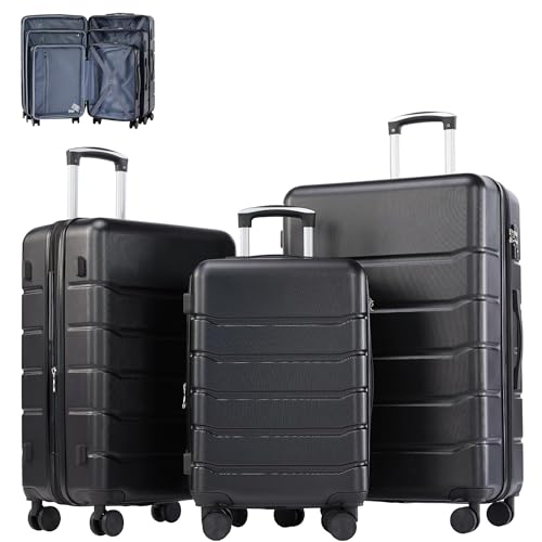 3 Piece Luggage Set, Expandable, 20/24/28 Inch,Black - color: Black, size: 3 Piece Set