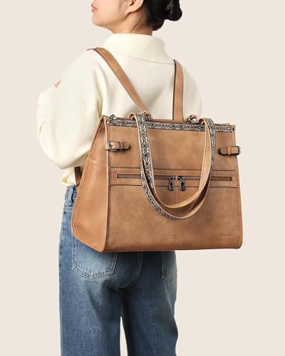 FADEON Laptop Bag for Women Designer PU Leather, 15.6inch - color: Camel Brown Retro Style