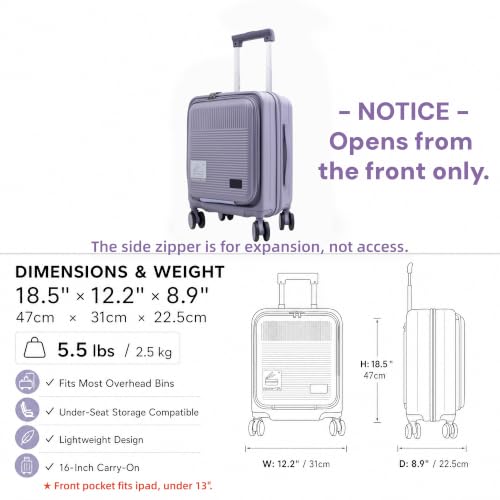 16" Underseat Luggage, Front Opening Carry On, Purple - color: Purple