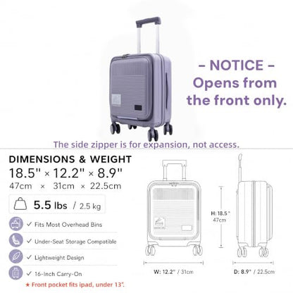 16" Underseat Luggage, Front Opening Carry On, Purple - color: Purple